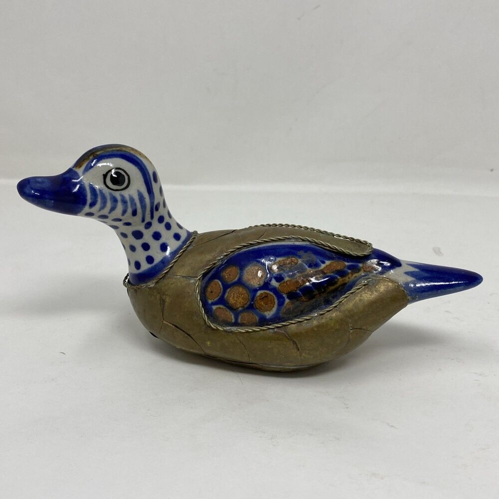 Tonala Mexican Pottery Duck Brass Overlay Hand Painted Folk Art Blue White 7x4